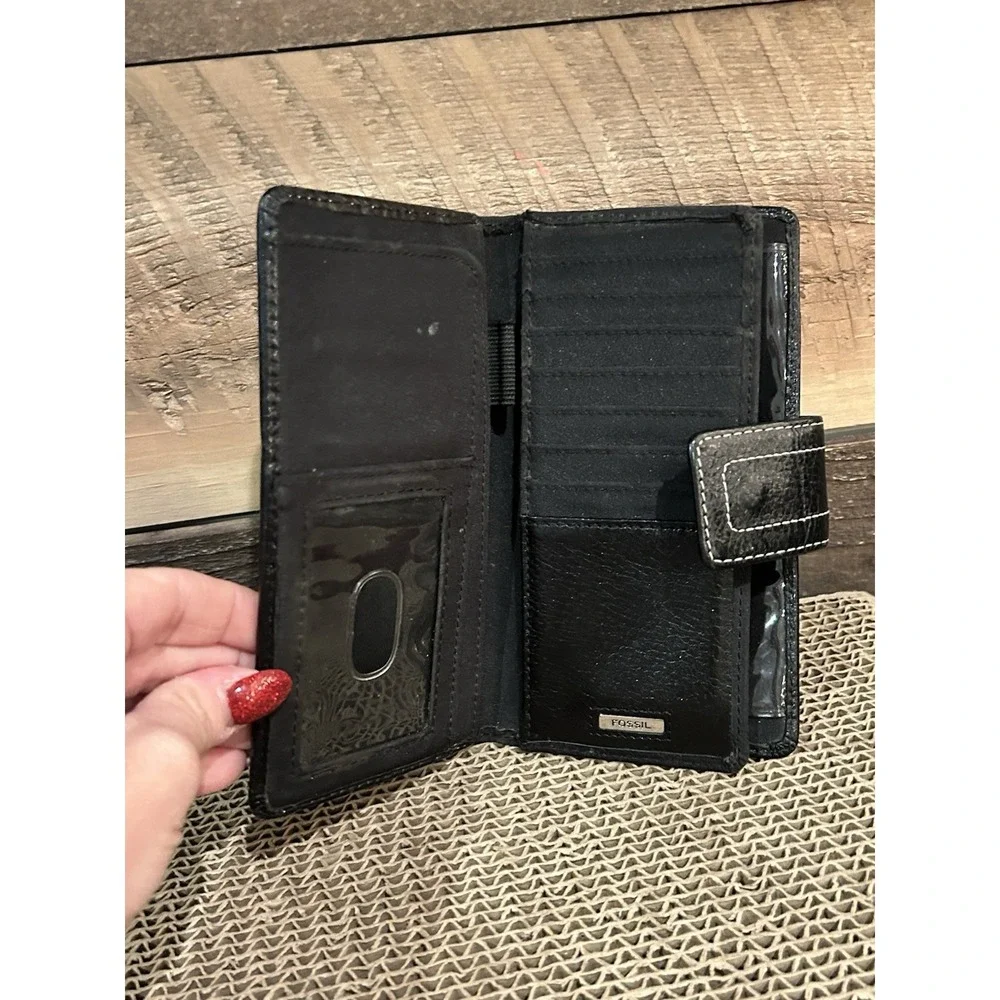 Fossil Trifold Wallet Womens Black Leather Checkbook Pen Holder Change‎ Cards